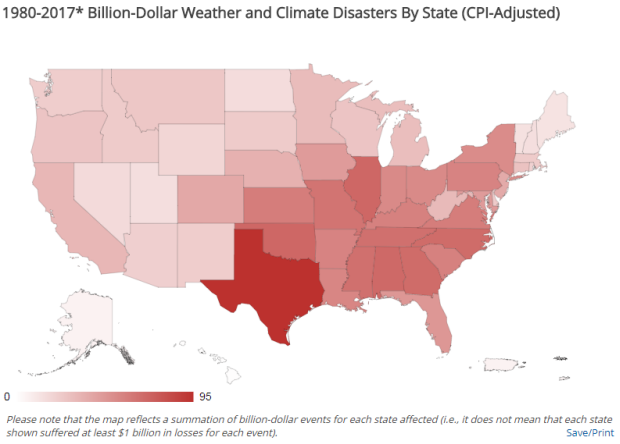 Map depicting the number of billion-dollar weather and climate disasters by state, regardless of hazard type