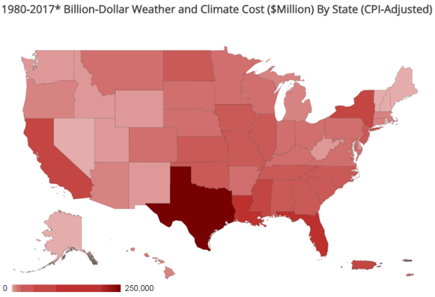 Map depicting the total cost of billion dollar disasters, by state, since 1980.