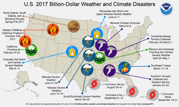 A map depicting the general locations of the 16 Billion Dollar Weather and Climate Disasters of 2017