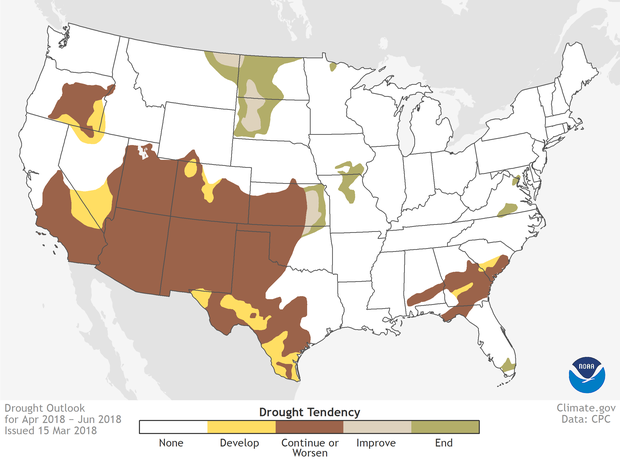 map of contiguous United States showing spring drought forecast in different colors. 