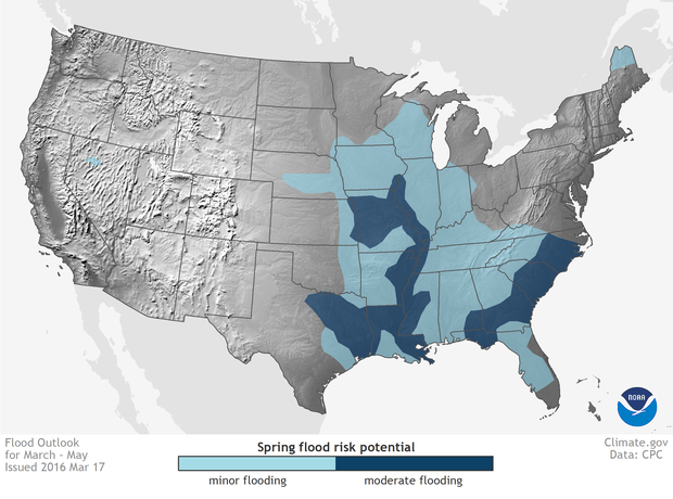 map of minor and moderate flood risk zones across US for spring 2016