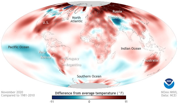 Global temperature anomalies, November 2020