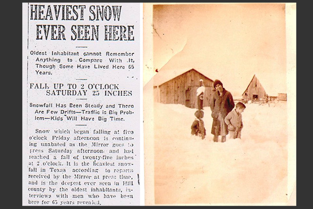 a photo of an old newspaper clipping about the Hillsboro, TX, record snowfall, with a photo of a woman and children standing in deep snow in front of a barn