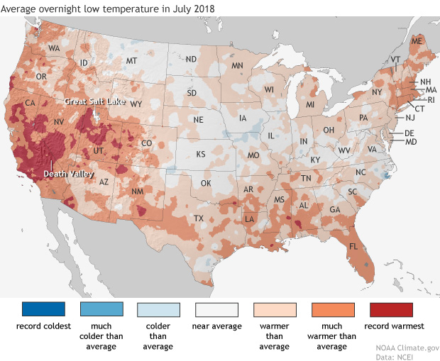 Map of the contiguous United States showing July 2018 overnight low temperature ranks