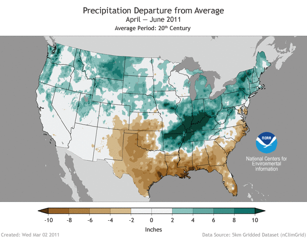 Map of contiguous United States showing precipitation anomalies in spring 2011