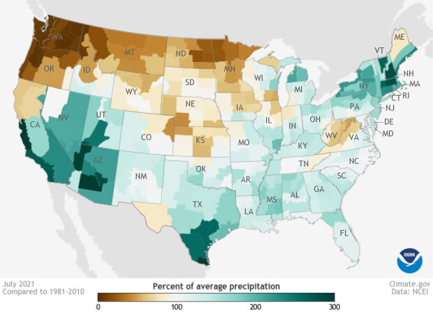 Map of July 2021 precipitation anomalies in the US