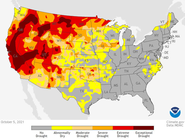 Map of drought conditions across contiguous U.S. as of October 5, 2021