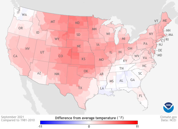 Map of US temperature anomalies in September 2021