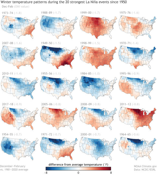 Small maps of winter temperature patterns during each of the 20 strongest La Niña episodes since 1950
