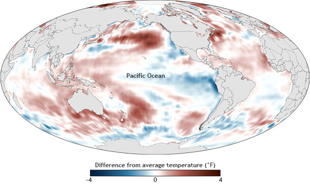 Global map of sea surface temperatures in 2013 compared to the 1981 to 2010 average.
