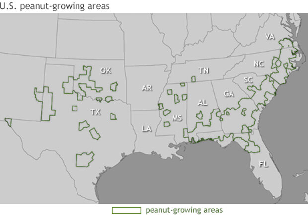 Map of U.S. Southeast with peanut-growing areas outlined