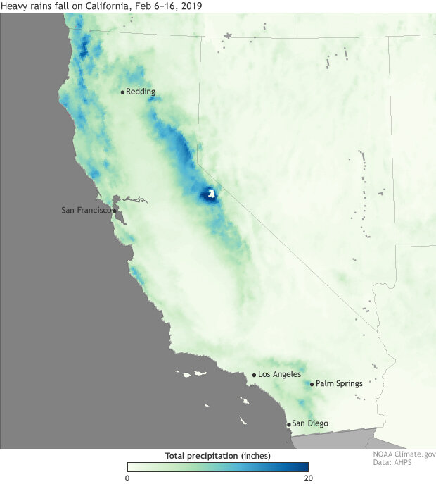 Map showing precipitation accumulations across California from February 6-16, 2019