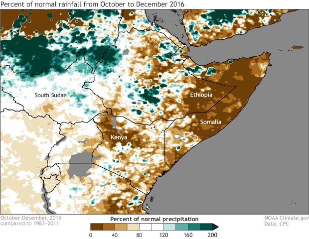 Map showing percent of normal rainfall for the Greater Horn of Africa from October-December 2016