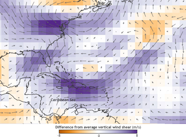 Vertical wind shear difference map August 2013