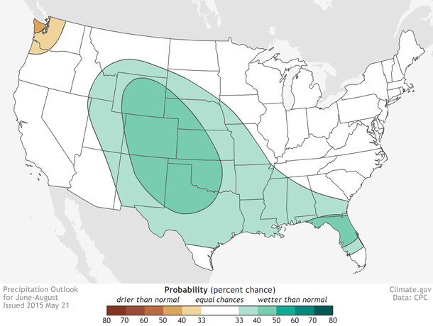 Image of the NOAA/Climate Prediction Center outlook for seasonal total precipitation for June-August 2015 issued in the third week of May.
