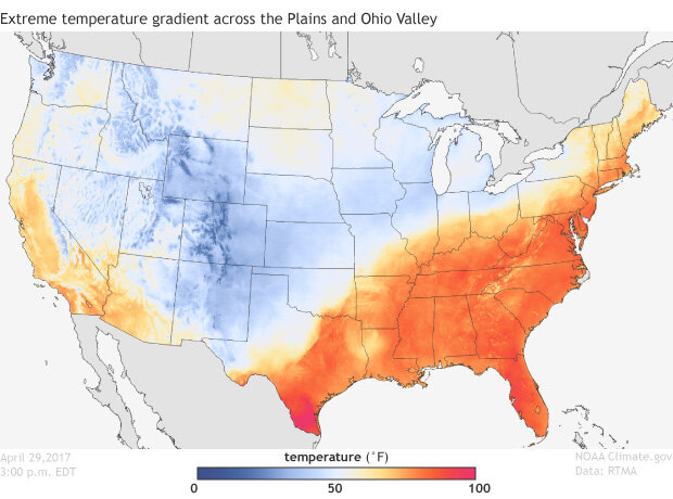 CONUS map showing daytime temperatures on April 29, 2017 using data from NOAA's Real-Time Mesoscale Analysis (RTMA)