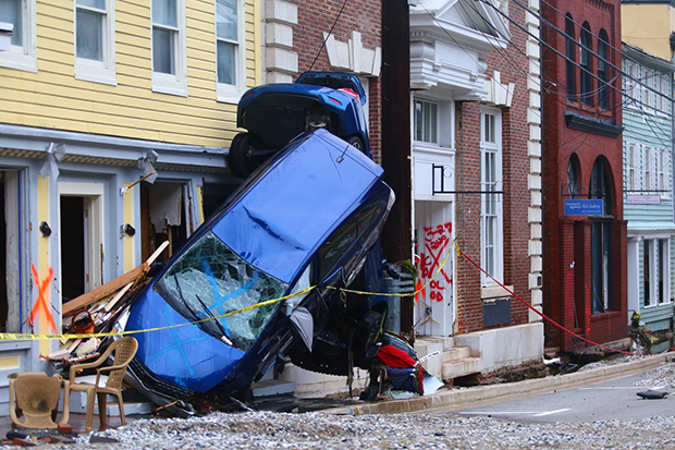 Photo showing cars overturned by flash flooding in Ellicott City, Maryland