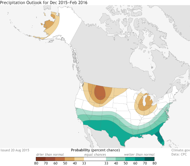 Map of North America showing precipitation outlook for winter 2015-16