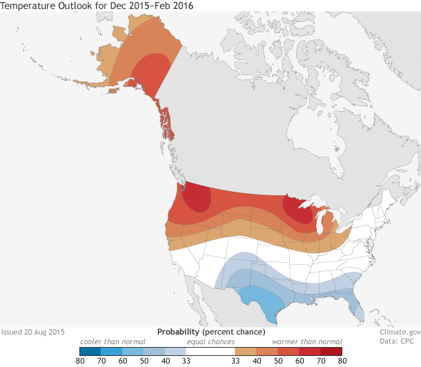 Map of North America showing winter temperature outlook for 2015-16