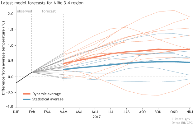 Climate model forecasts for Nino3.4 index. Orange lines are dynamical models and blue lines are statistical. The forecast shows anomalies nearing the threshold for El Nino in several months.
