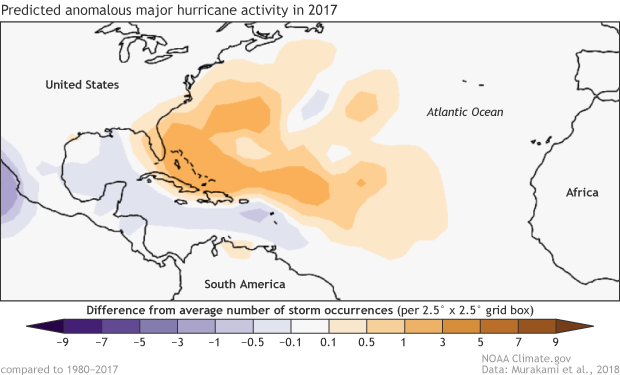 Map showing predicted areas of higher- and lower-than-average major hurricane activity in the Atlantic in 2017