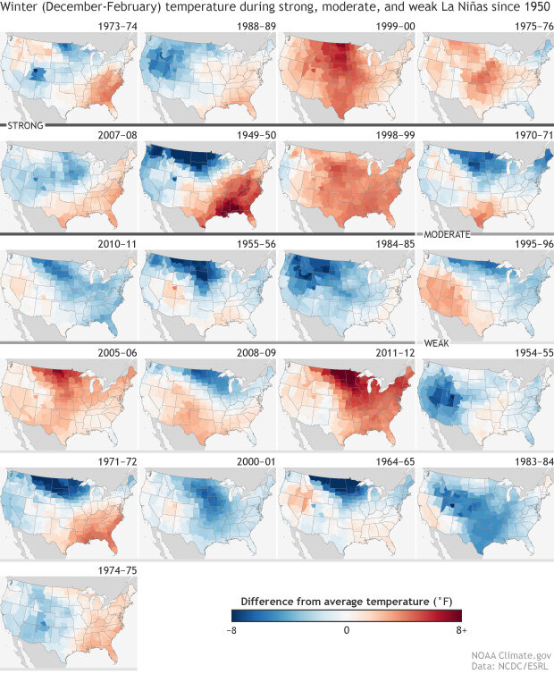 Six rows of small U.S. maps showing the temperature anomalies during every La Niña winter from 1950-2016