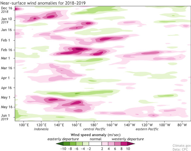 Near-surface wind anomalies for 2018-2019