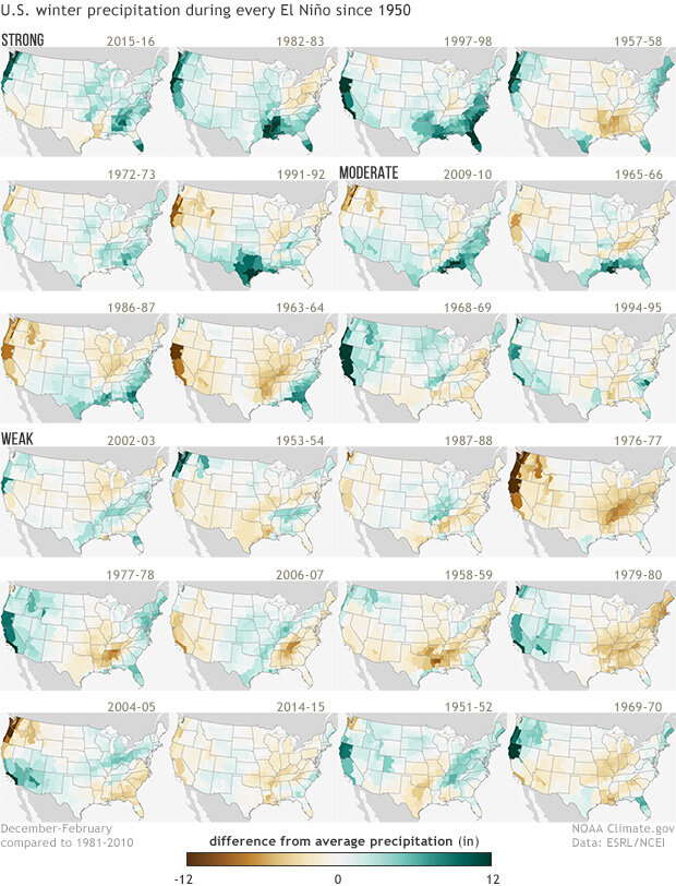 Small multiples images of the contiguous US showing the winter precipitation patterns during each El Nino since 1950. The variability between events shows how each one is really quite different.