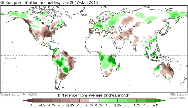 Image of global precipitation anomalies, Nov 2017 - Jan 2018