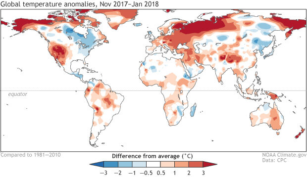 Image of global temperature anomalies, Nov 2017 - Jan 2018