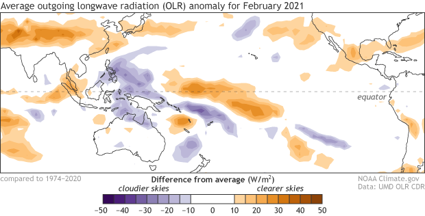 Average outgoing longwave radiation anomaly for February 2021