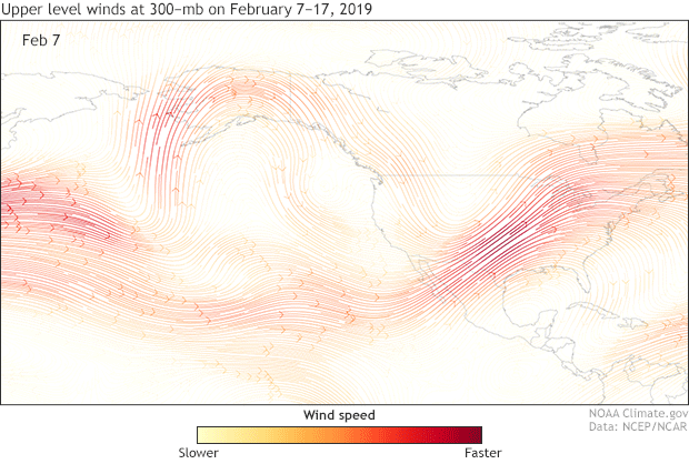 Map animatin showing et stream evolution across the eastern Pacific Ocean and western United States from February 7-17, 2019