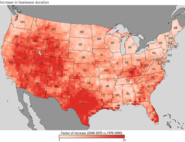 Map of contiguous U.S. showing future increases in heatwave duration