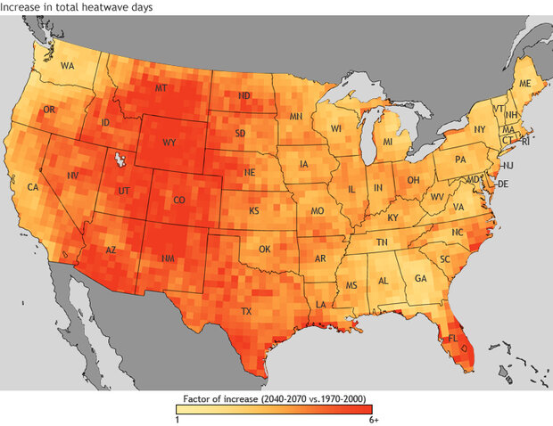 Map of U.S. showing projected chagnes in total heat wave days in summer