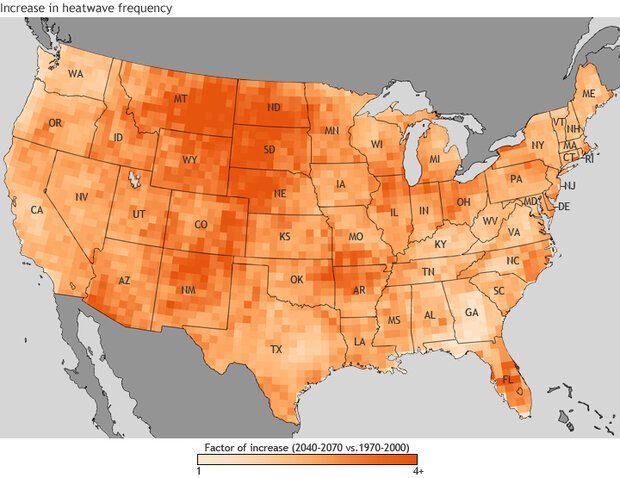 Map of U.S. showing projected increase in heat wave frequency