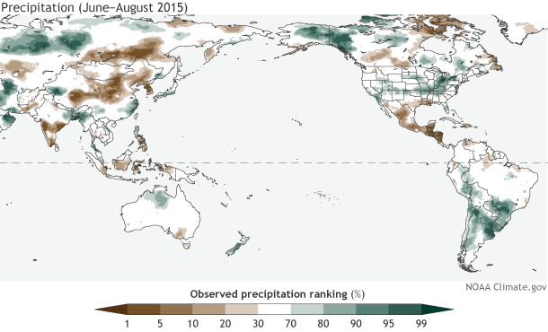 Global map of precipitation rankings for June-August 2015