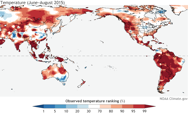 Global map of temperature rankings for June-August 2015