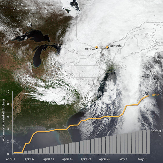 Accumulated daily precipitation in Montréal, Canada (yellow line), from April 1–May 7 compared to normal (gray bars). Background is a NASA/NOAA Suomi-NPP satellite image from May 6, 2017.