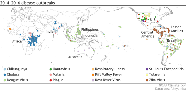 Map of reported occurrences of specific disease occurrences between 2014 and 2016 compiled from ProMED and Defense Health Agency reports.