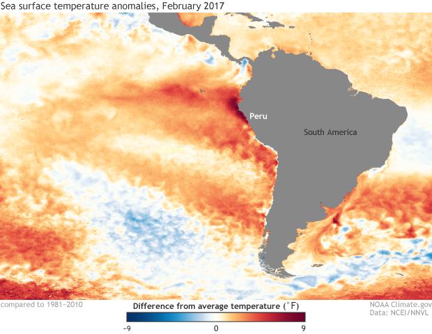 Map showing monthly sea surface temperature anomalies in the eastern Pacific Ocean for February 2017 from NOAA's OISST dataset.