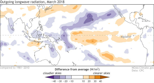Map of difference from average cloudiness in the Pacific Ocean in March 2018
