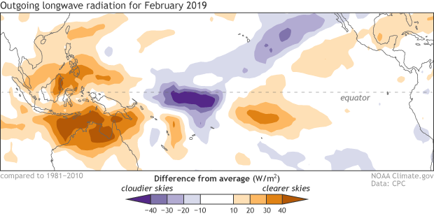 Cloudiness anomaly map, February 2019