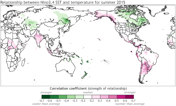 Image of correlation between the sea surface temperature in the Nino3.4 region in the central tropical Pacific ocean (indicating El Niño when above average) and temperature over the globe.