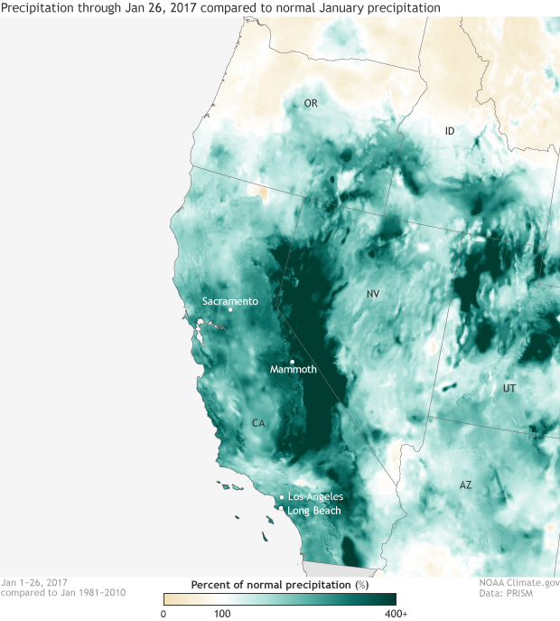 Map of Californa and surrounding region showing percent of normal precipitation totals through January 26, 2017, compared to normal January precipitation