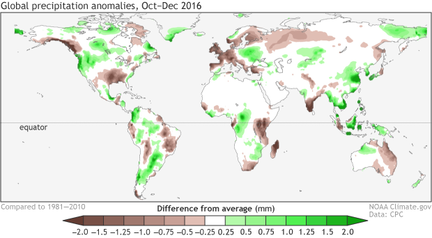 Global precipitation anomalies, Oct-Dec 2016