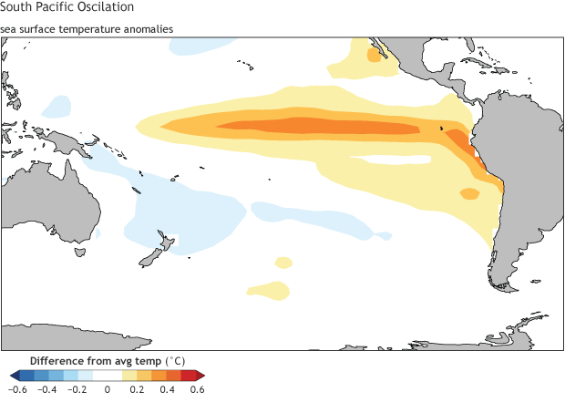 Sea surface temperature anomalies, wind anomalies, and sea level pressure anomalies associated with the SPO