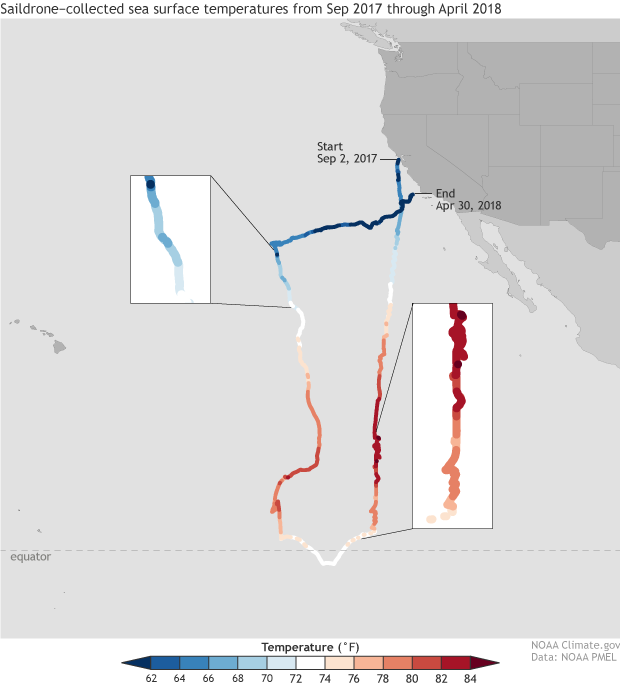 Sea surface temperatures recorded by saildrones