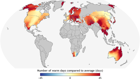 Global map of the number of extremely warm days in 2016 compared to the 1961 to 1990 average.