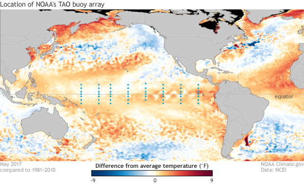Global map of ocean surface temperature anomalies in May 2017 showing the location of the TAO buoy array in the tropical Pacific