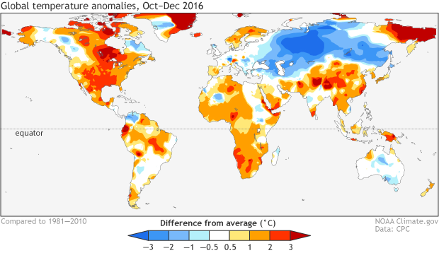 Global temperature anomalies, Oct-Dec 2016